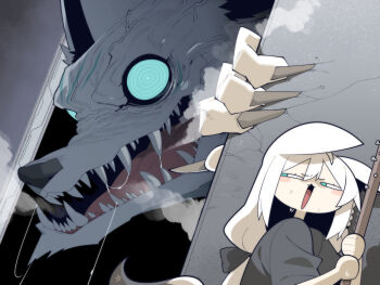 1girl 1other :3 absurdres animal_ears aqua_eyes black_shirt blue_eyes blush_stickers claws cocomayo29_(tomato) commentary_request crack cracked_wall drooling fang fox_ears fox_girl fox_tail furry giant half-closed_eyes highres holding holding_weapon hololive indoors korean_commentary long_hair looking_to_the_side monster nails nose open_mouth pentagram saliva saliva_trail shadow sharp_teeth shirakami_fubuki shirt sideways_glance solo steam stick sukonbu_(shirakami_fubuki) sweat sweatdrop tail teeth tongue veins veiny_face virtual_youtuber weapon white_fur white_hair wolf wolf_ears