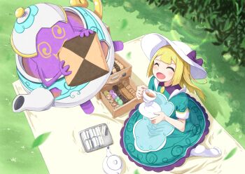 1girl @_@ absurdres alternate_costume blonde_hair blue_dress blush bow checkerboard_cookie closed_eyes commentary_request cookie cup drawer dress eating floating food gen_8_pokemon grass hat hat_bow highres holding holding_cookie holding_cup holding_food holding_plate leaf lillie_(pokemon) lillie_(special_costume)_(pokemon) long_hair negimiso1989 nintendo official_alternate_costume open_drawer open_mouth picnic plate pokemon pokemon_masters_ex polteageist purple_bow smile tea teacup teapot white_hat