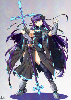 Rule 34 | 1girl, armored boots, black bow, black dress, black thighhighs, blue eyes, boots, bow, breasts, center opening, choker, commentary request, crosier, cross, cross choker, dated, dress, fate/grand order, fate (series), full body, gauntlets, grey background, highres, holding, holding staff, large breasts, long hair, looking at viewer, martha (fate), purple hair, rofu get, signature, simple background, solo, staff, straight hair, thighhighs, very long hair