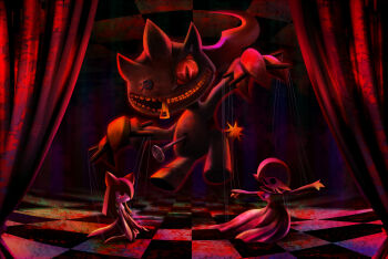 00s banette blood buttons checkered_floor creepy curtains doll floor gardevoir gen_3_pokemon hair_over_one_eye horror_(theme) kirlia marionette nail_(hardware) nintendo one-eyed pokemon pokemon_(creature) pokemon_rse puppet puppet_strings red_eyes red_theme ribero scar screw slit_pupils stage stitches string tears unzipping zipper