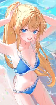 1girl absurdres alternate_hairstyle arms_up bandaid bandaid_on_cheek bandaid_on_face bikini blonde_hair blue_bikini blue_eyes blue_nails blush breasts chikyuu_(bohednsg) cleavage goddess_of_victory:_nikke highres laplace_(nikke) long_hair looking_at_viewer midriff nail_polish navel olo ponytail small_breasts swimsuit water wet