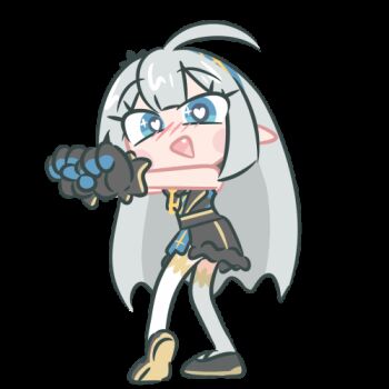 1girl ahoge animated animated_gif black_dress blue_eyes blush cho_theg dancing dress female_tyrant_(stella_sora) grey_hair heart heart-shaped_pupils lowres pointy_ears solo stella_sora symbol-shaped_pupils tyrant_(stella_sora) white_background