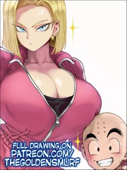 1boy 1girl android_18 breasts dragon_ball dragonball_z huge_breasts kuririn the_golden_smurf