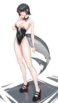1girl absurdres alternate_costume baishui bare_shoulders black_hair black_leotard black_shoes bow bowtie breasts candy cleavage collarbone colored_inner_hair commentary_request covered_navel detached_collar ellen_joe fins fish_tail food full_body highres holding holding_candy holding_food holding_lollipop large_breasts leotard lollipop lollipop_in_mouth looking_at_viewer mary_janes mole mole_under_eye multicolored_hair razor_blade_hair_ornament red_bow red_bowtie red_eyes red_nails scar scar_on_tail shark_girl shark_tail shoes short_hair simple_background solo standing strapless strapless_leotard tail white_background zenless_zone_zero