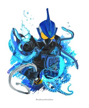 1boy absurdres armor black_bodysuit blue_armor blue_helmet bodysuit helmet highres holding holding_whip kamen_rider kamen_rider_ooo kamen_rider_ooo_(series) kamen_rider_ooo_(shauta_combo) male_focus obakelope0530 ooo_driver power_armor simple_background solo tentacles upper_body water white_background