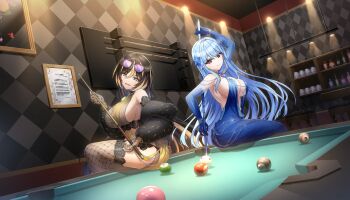 2girls 8-ball amadea_wolfa arm_behind_back ass ball bar_(place) billiard_ball billiards black_hair blonde_hair blonde_streaks blue_dress blue_gloves blue_hair breasts cleavage closed_mouth coat cue_stick dolphin_wave dress elbow_gloves eyewear_on_head fishnet_gloves fishnet_thighhighs fishnets fur_coat game_cg gloves highres holding holding_cue_stick jewelry long_hair multicolored_hair multiple_girls nayuki_hiori non-web_source official_alternate_costume official_art on_table ootomo_takuji open_mouth pool_table red_eyes side_slit sitting sitting_on_table smile streaked_hair table thighhighs yellow_dress yellow_eyes