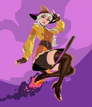 1girl absurdres belt bike_shorts bike_shorts_under_skirt breasts broom broom_riding brown_gloves brown_thighhighs commentary english_commentary fingerless_gloves fire fortnite full_body gloves grey_hair hat high_heels highres jacket lexa_(fortnite) lexa_hexbringer long_hair medium_breasts miniskirt mrmiguelart orange_hat orange_shirt orange_skirt parted_lips pink_lips purple_background red_eyes shirt signature skirt smile solo thighhighs w witch_hat yellow_jacket zettai_ryouiki