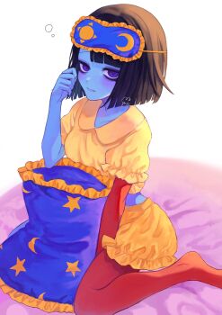 Rule 34 | 1girl, alternate costume, black hair, blue skin, blunt bangs, blunt ends, bob cut, colored blush, colored skin, commentary, crop top, ena: dream bbq, ena (dream bbq), ena (series), ena (species), eyewear on head, frilled shorts, frilled sleeves, frills, hangover ena, highres, multicolored skin, pajamas, pillow, puffy short sleeves, puffy sleeves, purple blush, red skin, shirt, short sleeves, shorts, sitting, sleep mask, solo, symbol-only commentary, two-tone skin, usagimarumei, wariza, yellow pajamas