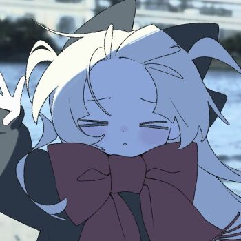 >_< 1girl bow closed_eyes facing_viewer hair_bow hand_up long_hair long_sleeves original sakakiai scarf scarf_bow solo upper_body