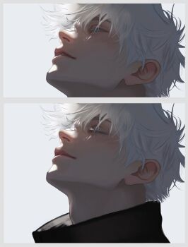 1boy adam's_apple black_jacket blue_eyes border closed_eyes closed_mouth collared_jacket commentary english_commentary from_side gojou_satoru hair_between_eyes head_back highres jacket jujutsu_kaisen looking_up male_focus multiple_views parted_lips prommiea sequential short_hair white_border white_hair