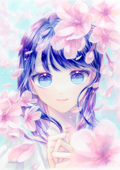 1girl blue_eyes blue_hair cherry_blossoms closed_mouth commentary_request falling_petals flower halcho hands_up highres light_smile looking_at_viewer marker_(medium) original petals pink_flower portrait solo straight-on traditional_media