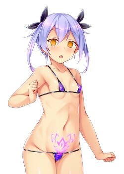 1girl :o areola_slip bare_arms bikini black_bow blush bow breasts collarbone covered_erect_nipples cowboy_shot earrings empty_eyes fujii_natsumi_(ysphere) game_cg groin hair_between_eyes hair_ribbon hypnosis jewelry large_variant_set looking_at_viewer lowleg lowleg_bikini micro_bikini mind_control navel no_pupils non-web_source official_art open_mouth pubic_tattoo purple_bikini purple_hair ribbon satou_kuuki short_hair simple_background small_breasts solo soukou_seiki_ysphere standing swimsuit tattoo transparent_background twintails variant_set white_background yellow_eyes