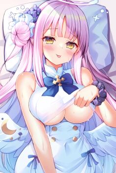 1girl bare_shoulders blue_archive head_tilt highres looking_at_viewer lying mika_(blue_archive) pink_hair pull shiinyan solo tongue yellow_eyes