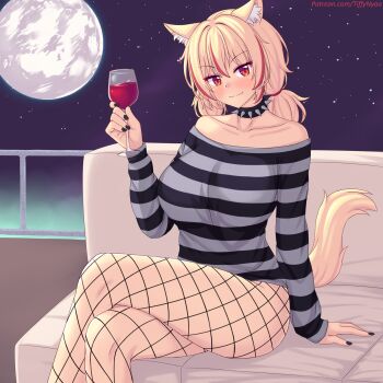 1girl animal_ears arm_support bare_shoulders black_nails black_pantyhose blonde_hair blush breasts cat_ears cat_girl cat_tail choker closed_mouth collarbone commentary couch crossed_legs english_commentary fang feet_out_of_frame fishnet_pantyhose fishnets full_moon grey_shirt highres holding large_breasts long_hair long_sleeves looking_at_viewer low_twintails moon multicolored_hair nail_polish night night_sky nottytiffy off-shoulder_shirt off_shoulder on_couch original outdoors pantyhose patreon_username red_eyes red_hair shirt sitting sky slit_pupils smile spiked_choker spikes star_(sky) starry_sky streaked_hair striped_clothes striped_shirt tail thighs tiffy_(nottytiffy) twintails