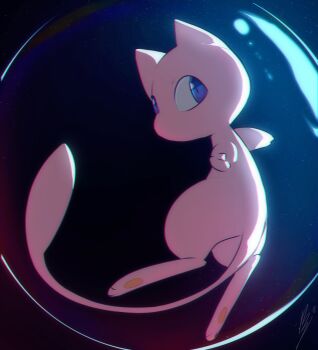 animal_focus blue_eyes bubble commentary full_body gen_1_pokemon highres legendary_pokemon looking_at_viewer mew_(pokemon) mythical_pokemon nintendo no_humans pawpads pink_fur pokemon pokemon_(creature) pokemon_focus wolfaroon
