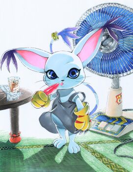 black_tank_top blue_eyes cat chibikemo digimon digimon_(creature) electric_fan food full_body highres holding holding_food holding_popsicle indoors miura_satoru popsicle solo standing summer tailmon tank_top tongue tongue_out