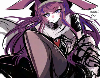 1girl animal_ears arknights bow brown_pantyhose gnome_(gnome_0000) long_hair looking_at_viewer pantyhose purple_eyes rabbit_ears ray_(arknights) red_bow simple_background solo white_background