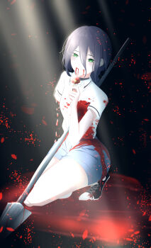 1girl absurdres black_choker black_hair black_shoes blood blood_from_mouth blood_on_clothes blue_shorts chainsaw_man choker flower green_eyes hair_between_eyes highres holding holding_flower imminent_death impaled jiantizi0614 light_rays polearm polo_shirt red_flower reze_(chainsaw_man) shirt shoes shorts solo spear weapon white_shirt
