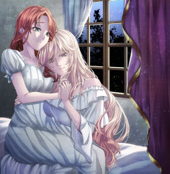 2girls bedroom blonde_hair blue_eyes blush breasts brown_hair couple curtains genkai_ol-san_wa_akuyaku_reijou-sama_ni_tsukaetai green_eyes higashizukihi_sei highres indoors lapis_tenebrae lingerie long_hair long_sleeves multiple_girls natori_midori negligee nightgown on_bed pajamas sleepwear underwear white_nightgown white_pajamas yuri
