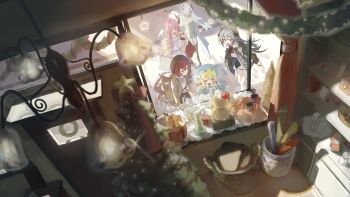 5girls absurdres alternate_costume bag black_boots black_hat black_jacket black_skirt blonde_hair blue_archive blue_cloak blue_halo blue_hat blue_mittens blue_shirt blush boots box breasts brown_jacket chiaki_(blue_archive) christmas_tree cloak collared_shirt commentary crossed_bangs cup demon_girl demon_horns disposable_coffee_cup disposable_cup fur_jacket gift gift_box grey_hair grey_jacket grey_shorts hair_between_eyes halo hat highres holding holding_bag holding_cup holding_wallet horns ibuki_(blue_archive) iroha_(blue_archive) jacket large_breasts leaning_forward long_hair makoto_(blue_archive) mittens multiple_girls munikomamu open_clothes open_jacket open_mouth pandemonium_society_(blue_archive) pink_hair pointy_ears red_hair red_halo red_shirt satsuki_(blue_archive) scarf shirt shopping_bag shorts sidelocks skirt stuffed_animal stuffed_toy sweater teddy_bear thigh_boots wallet white_hair white_scarf white_sweater yellow_eyes yellow_halo yellow_jacket