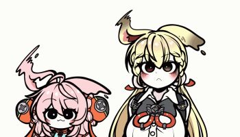 2girls ahoge alice_thymefield animal_ears animated animated_gif black_eyes blonde_hair blush braid braided_twintails breasts bright_pupils brown_eyes chest_bow closed_mouth commentary_request furry furry_female hair_ornament heterochromia jewelry korean_commentary large_breasts long_hair looking_at_viewer low_twintails medallion motion_lines multiple_girls pink_fur pink_hair rabbit_ears rabbit_girl screw shirt simple_background sphere_hair_ornament twintails uncolorcube upper_body white_background white_pupils white_shirt zenless_zone_zero zhao_(zenless_zone_zero)