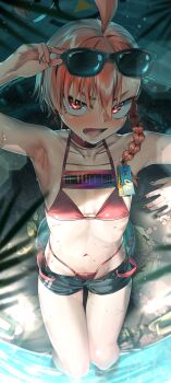 1girl absurdres ahoge asymmetrical_hair bikini black_halo blue_archive braid breasts collarbone commentary_request denim denim_shorts eyewear_on_head fang halo highres jacket looking_at_viewer neru_(blue_archive) red_bikini red_eyes red_hair short_hair short_shorts shorts single_braid small_breasts solo sukajan sunglasses swimsuit tag unworn_jacket walking_nakta