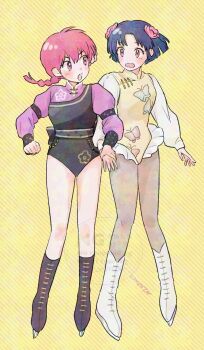 Rule 34 | animal print, braid, butterfly print, commentary request, con sonne, diagonal-striped background, floral print, flower, full body, grabbing another's hand, hair flower, hair ornament, highres, ice skates, leotard, pantyhose, pink eyes, pink flower, pink hair, puffy sleeves, ranma-chan, ranma 1/2, short hair, signature, single braid, skates, striped background, tendou akane, v-shaped eyebrows, watermark, yellow background, yellow leotard