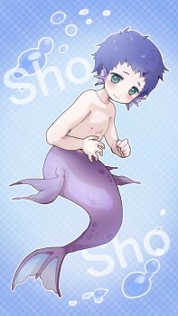 1boy air_bubble bare_pectorals bare_shoulders blue_background blue_hair blush bubble character_name clenched_hand collarbone commentary_request english_text fins green_eyes head_fins highres komena_(shinyday312) looking_at_viewer merman monster_boy nipples original pectorals polka_dot polka_dot_background purple_tail scales short_hair shy