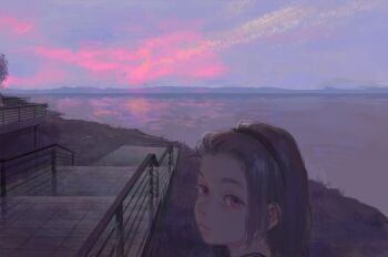 1girl cloud commentary headband horizon lajurcookie long_hair ocean original outdoors scenery sky solo tree