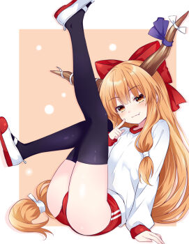 1girl alternate_costume ass black_thighhighs bow brown_horns buruma closed_mouth commentary_request contemporary fang gym_shirt gym_uniform hair_bow horn_ornament horn_ribbon horns ibuki_suika long_hair looking_at_viewer oni orange_eyes orange_hair red_bow red_buruma ribbon shirt shoes skin_fang smile solo tanaka_shoushou_fumimaro thighhighs touhou very_long_hair white_shirt white_shoes