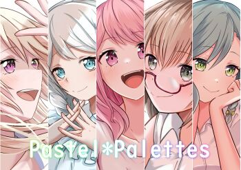 5girls bang_dream! blue_eyes brown_hair fukumaru1021 glasses green_eyes green_hair hikawa_hina long_hair looking_at_viewer maruyama_aya multiple_girls open_mouth pastel_palettes_(bang_dream!) pink_eyes pink_hair shirasagi_chisato short_hair smile teeth upper_teeth_only wakamiya_eve white_hair yamato_maya yellow_eyes