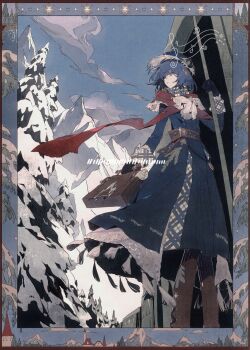 Rule 34 | 1girl, absurdres, bag, belt, blue eyes, blue hair, blue hat, blue sky, boots, border, brown boots, cloud, day, floating clothes, floating hair, hair ornament, hat, hat feather, hat ornament, highres, holding, holding bag, looking afar, medium hair, mountain, musical note, original, outdoors, parted lips, red scarf, scarf, shen a fang, sky, snow, solo, standing, sunlight, tassel, train, tree, winter