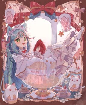 Rule 34 | 1girl, :3, :d, blue hair, blunt bangs, blush, bow, bowtie, cake, cake slice, commentary, cup, dress, food, fruit, full body, highres, holding, holding food, holding fruit, in container, in cup, long hair, long sleeves, looking at viewer, lying, maid headdress, on back, open mouth, orange sandals, original, red bow, red bowtie, sandals, smile, socks, solo, strawberry, strawberry shortcake, symbol-only commentary, symbol-shaped pupils, tabi, tsukumi bis, white dress, white socks, x-shaped pupils