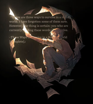 Rule 34 | 1boy, black eyes, black hair, bruise, bruise on arm, cfeather8, circle, curled up, english text, flying paper, glowing, highres, holding, holding paper, injury, kim dokja, knees up, oldest dream, omniscient reader's viewpoint, paper, shirt, short hair, sitting, sleeves rolled up, solo, symbolism, vest, white shirt, wide-eyed, yellow vest