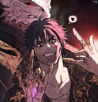 &gt;:) 2boys bags_under_eyes baldur&#039;s_gate baldur&#039;s_gate_3 black_coat black_eyes black_hair black_sclera blood blood_on_face blood_on_hands blurry blurry_background claw_ring coat collarbone colored_sclera commentary_request double_m/ dragon_boy dungeons_&amp;_dragons enver_gortash facial_hair furry furry_male gem glowing glowing_eyes grey_outline hands_up heart highres jewelry korean_commentary looking_at_viewer m/ making_faces male_focus mature_male messy_hair multiple_boys outline portrait purple_gemstone red_eyes ring short_hair signature smirk spoken_heart stubble tb_416 teeth the_dark_urge_(baldur&#039;s_gate) tongue tongue_out v-shaped_eyebrows