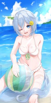 1girl animal_ears ball beachball bikini blue_eyes blue_sky cloud ear_covers ears_down flower grey_hair hair_flower hair_ornament highres horse_ears horse_girl horse_tail light_rays ocean sango0707315 seiun_sky_(umamusume) short_hair single_ear_cover sitting sky solo swimsuit tail umamusume wading white_bikini yellow_flower