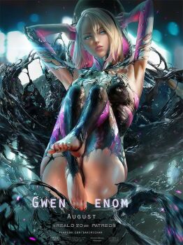 1girl armpits arms_up black_background blonde_hair blue_eyes bodysuit breasts commentary feet hood looking_at_viewer marvel medium_breasts medium_hair nail_polish sakimichan silk spider-gwen spider-man_(series) spider_web symbiote venom_(marvel) white_eyes