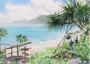 absurdres beach campfire fern flower highres horizon nature no_humans ocean original outdoors painting_(medium) palm_tree plant rotisserie scenery shore traditional_media tree water watercolor_(medium) white_flower yu_grassbird