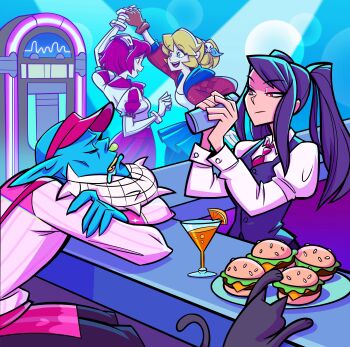 Rule 34 | 1boy, 3girls, absurdres, bar (place), bartender, black cat, burger, cadence (necrodancer), cat, cheese, cocktail, cocktail glass, cocktail shaker, commentary, crossover, cup, dancing, dorothy haze, drinking glass, english commentary, fast food, food, fore (va-11 hall-a), fruit, highres, holding, holding cocktail shaker, holding food, jill stingray, jukebox, lettuce, martini, multiple girls, official art, orange (fruit), orange slice, rift of the necrodancer, sesame seeds, sleeping, translation request, va-11 hall-a