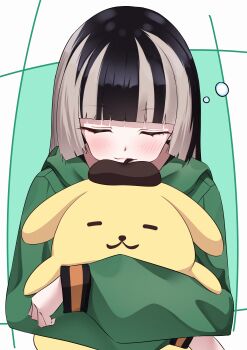 1girl absurdres black_hair blunt_bangs closed_eyes closed_mouth green_hoodie grey_hair highres holding hololive hololive_dev_is hood hoodie hug ilie_ilie juufuutei_raden long_sleeves multicolored_hair pompompurin sleeping squeans streaked_hair virtual_youtuber