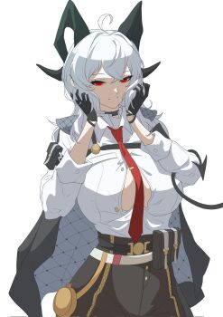 1girl ahoge akaze07 black_choker black_gloves black_horns black_jacket black_pants black_tail breasts button_gap chest_harness choker closed_mouth collared_shirt commentary corrupted_twitter_file cowboy_shot curled_horns demon_tail gloves hair_between_eyes hands_up harness high-waist_pants highres holding holding_own_hair horns jacket jacket_on_shoulders large_breasts long_hair looking_at_viewer necktie pants red_eyes red_necktie shirt shirt_tucked_in simple_background smile solo split_mouth tail white_background white_hair white_shirt wuthering_waves zani_(wuthering_waves)
