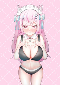 1girl :c absurdres animal_ears black_bra black_panties blue_bow blush bow bra breasts cat_choker cat_ears cat_girl choker cleavage closed_mouth collar collarbone commentary detached_collar extra_ears fingernails fish_hair_ornament ghost_hair_ornament grey_choker hair_bow hair_ornament hairclip hands_on_own_chest heart heart_hair_ornament highres indie_virtual_youtuber large_breasts long_hair looking_at_viewer maid_headdress nail_polish navel o-ring o-ring_choker panties paw_print pink_background pink_eyes pink_hair pink_nails ponzu_(low_ponzu) solo stomach thighs underwear virtual_youtuber white_collar wing_hair_ornament yuuki_sakuna