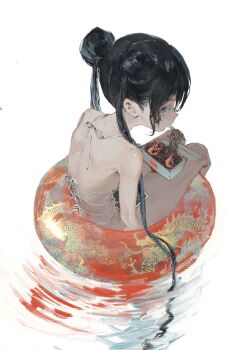 Rule 34 | bikini, black hair, blue archive, buoy, chopsticks, double bun, eating, food, grey eyes, hair bun, highres, kisaki (blue archive), noodles, roki (0214278), soba, staring, swimsuit, water