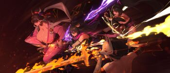 4girls animal_ears armor attack bandaged_arm bandages bare_back beads beeeeen black_hair black_kimono black_leotard breasts brown_hair bursting_breasts cleavage closed_mouth collarbone detached_sleeves dual_wielding earrings electricity eye_trail facepaint fire fishnet_gloves fishnet_thighhighs fishnets flaming_sword flaming_weapon floral_print floral_print_kimono flower forehead_protector fox_mask fundoshi fur-trimmed_armor fur_trim game_cg gigantic_breasts gloves gold_trim hagoromo hair_between_eyes hair_flower hair_ornament highleg highleg_leotard highres holding holding_kunai holding_sheath holding_sword holding_weapon japanese_armor japanese_clothes jewelry kanzashi katana kimono kote kunai kunoichi_enrai kunoichi_kaen kunoichi_shiden kunoichi_zero kurokote last_origin leotard light_trail long_hair lower_teeth_only mask mature_female median_furrow mole mole_on_thigh multicolored_hair multiple_girls ninja ninjatou non-web_source obi official_art parted_bangs parted_lips pink_flower pink_kimono ponytail prayer_beads print_kimono purple_flower purple_fur purple_hair purple_scarf red_eyes running sash scarf serious shawl sheath short_hair short_sword single_thighhigh suneate sword tabi tail teeth thighhighs tiger_ears tiger_girl tiger_tail torn_clothes torn_scarf two-tone_hair two_side_up unsheathing v-shaped_eyebrows weapon wide_sleeves yellow_flower