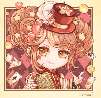 Rule 34 | 1girl, accordion, ace (playing card), ace of hearts, ace of spades, argyle background, bare shoulders, beads, border, brown eyes, brown hair, card, chibi, chinese commentary, circus night (miracle nikki), closed mouth, commentary, detached sleeves, double bun, eyelashes, facial tattoo, floating card, frilled sleeves, frills, hair beads, hair bobbles, hair bun, hair ornament, happy, hat, hat feather, heart, highres, instrument, lan sing, lipstick, looking at viewer, makeup, mini hat, mini top hat, miracle nikki, music, nikki (series), outside border, pink lips, playing card, playing instrument, puffy short sleeves, puffy sleeves, red background, red hat, red shirt, shirt, short hair, short sleeves, signature, sleeveless, sleeveless shirt, smile, snapping fingers, solo, spade (shape), star (symbol), star hair ornament, star print, star tattoo, tattoo, top hat, turtleneck, turtleneck shirt, upper body, vertical-striped sleeves, white sleeves, yellow border