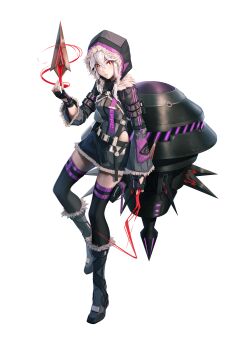 1girl absurdres black_boots black_hood black_shirt black_skirt black_thighhighs boots breasts clothing_cutout command_&amp;_conquer command_&amp;_conquer:_red_alert command_&amp;_conquer:_red_alert_2 dart floating fur_boots fur_trim highres hip_vent hood hood_up libra_(mental_omega) looking_at_viewer looking_up lu_(pixiv20967832) machine machinery mental_omega_(mod) miniskirt psi-corps_symbol red_eyes science_fiction shirt short_hair sidelocks skirt small_breasts tactical_clothes telekinesis thighhighs thighs transparent_background white_hair