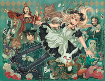 2boys 4girls alice's_adventures_in_wonderland alice_(alice_in_wonderland) apron baby blue_eyes card cat caterpillar caterpillar_(alice_in_wonderland) cheshire_cat_(alice_in_wonderland) cookie crown cuffs dormouse_(alice_in_wonderland) dress fishnet_pantyhose fishnets floating_card flower food goth_fashion hat hatake_michi highres hookah key king mad_hatter_(alice_in_wonderland) march_hare_(alice_in_wonderland) multiple_boys multiple_girls mushroom pantyhose pocket_watch rabbit revision rose tea watch white_rabbit_(alice_in_wonderland)