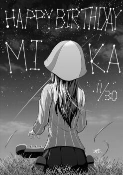 Rule 34 | 1girl, absurdres, back, black skirt, commentary request, constellation, girls und panzer, grass, hairanworkshop, hat, highres, instrument, jacket, kantele, keizoku school uniform, long hair, mika (girls und panzer), monochrome, night, outdoors, school uniform, sitting, skirt, sky, solo, star (sky)
