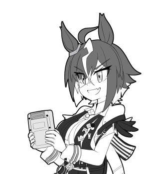 Rule 34 | 1girl, ahoge, animal ears, aonoji, breasts, commentary request, eyes visible through hair, greyscale, hair over one eye, highres, holding, horse ears, horse girl, looking at object, medium breasts, monochrome, multicolored hair, open mouth, rulership (umamusume), shirt, short hair, simple background, solo, streaked hair, umamusume, upper body, v-shaped eyebrows, white background, wrist cuffs
