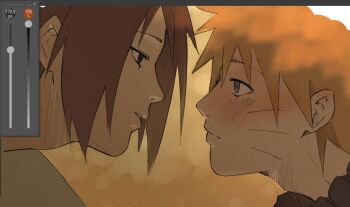 Rule 34 | 2boys, adam's apple, art program in frame, black hair, blonde hair, blue eyes, blush, closed mouth, eye contact, face-to-face, facial mark, looking at another, male focus, multiple boys, naruto (series), parted lips, short hair, shy, teeth, themidnights0ng, uchiha sasuke, uzumaki naruto, whisker markings, yaoi